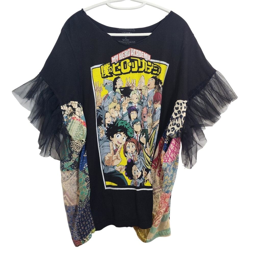 Upcycled My Hero Academia T‑Shirt with Black Tulle Sleeves